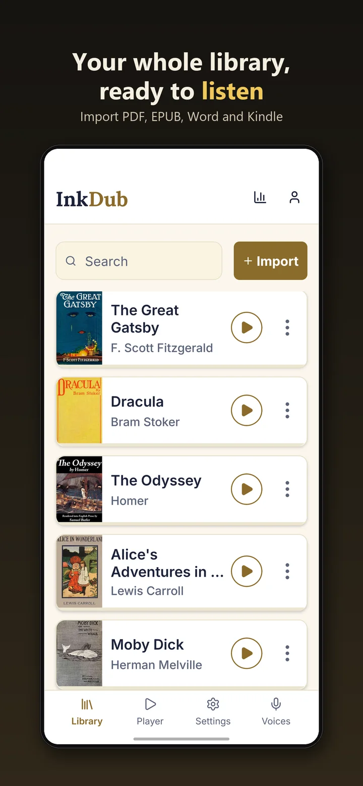 The InkDub library with imported books, each with a play button