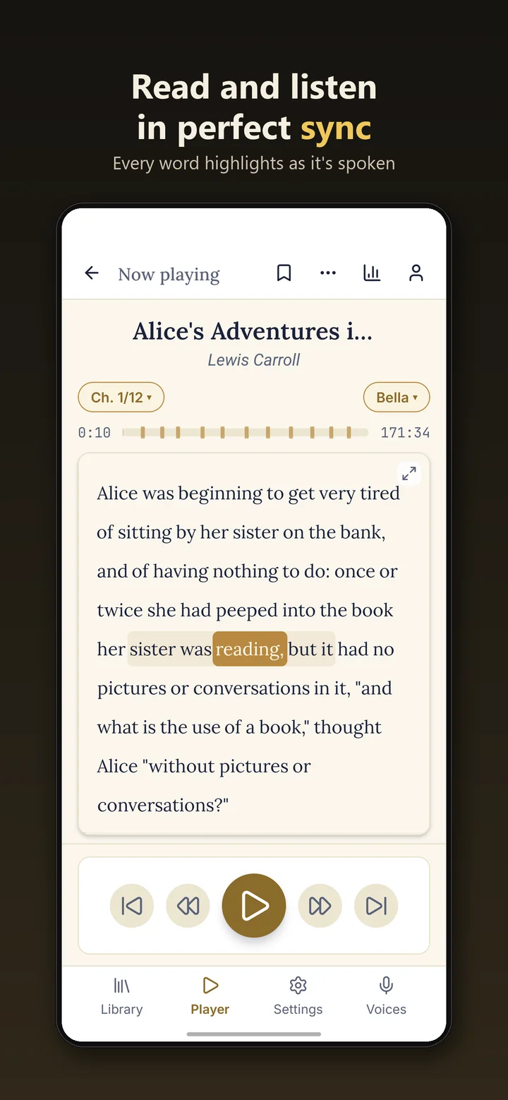 The player with the current word highlighted in gold as it is read aloud
