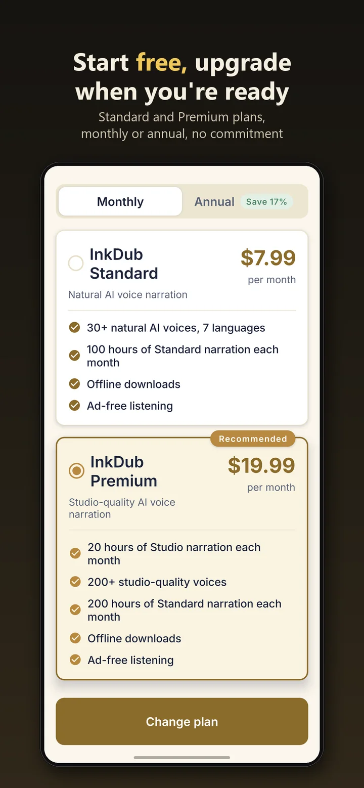 InkDub Standard and Premium plans, monthly or annual