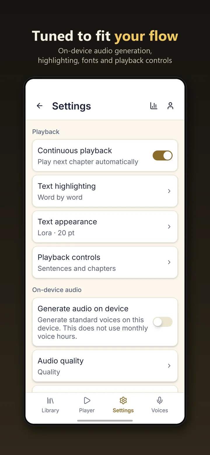 Settings for playback, highlighting, text appearance and on-device audio
